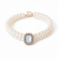 Double-strand pearl pet collar with opalite moonstone emerald-cut crystal centerpiece and gold hardware