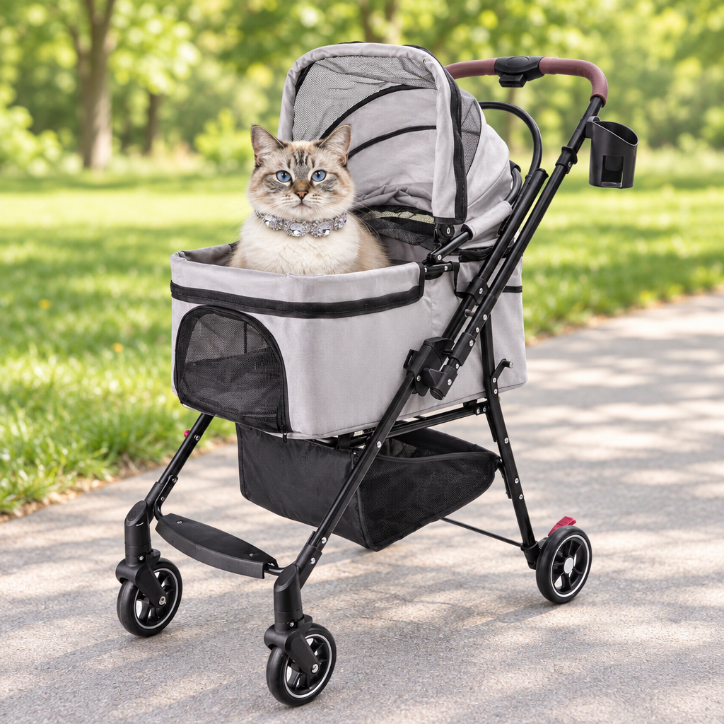 Open-canopy gray pet stroller outdoors with cat