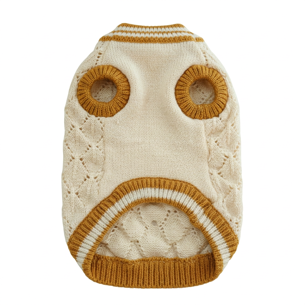 Opposite side of the cream and mustard sweater styled as a square product photo on white