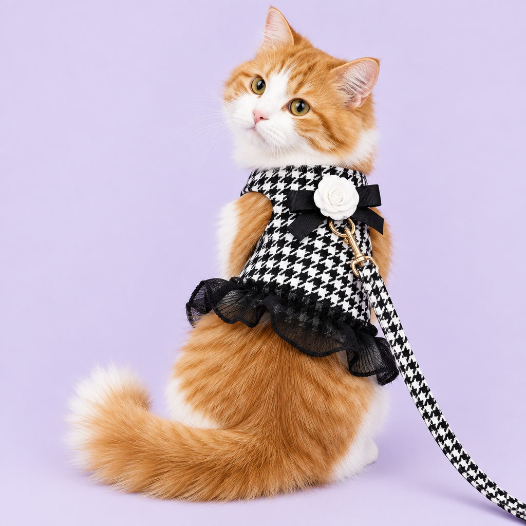 Orange and white cat in houndstooth harness