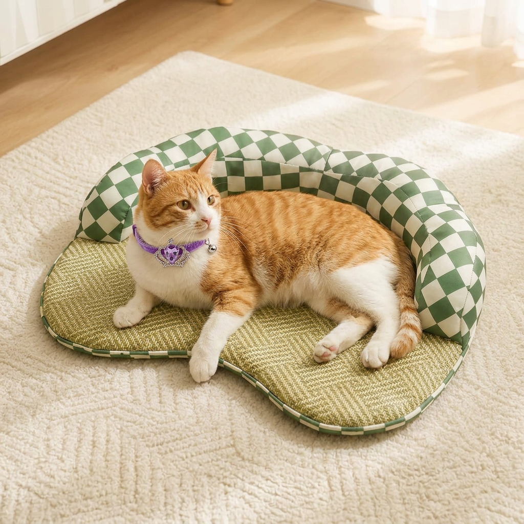 Orange-and-white cat on your checkerboard bed wearing your purple crystal crown collar