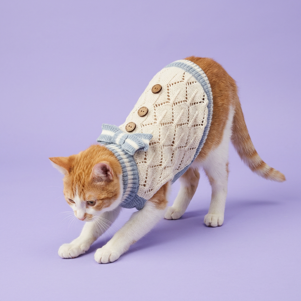 Orange-and-white cat stretching in the blue-trim sweater