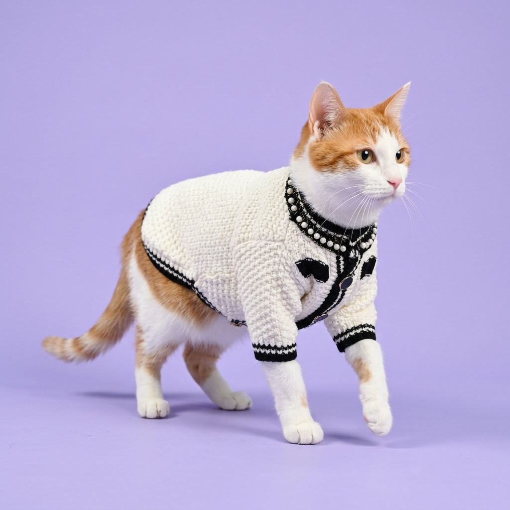 Orange-and-white cat wearing the cream-and-black sweater