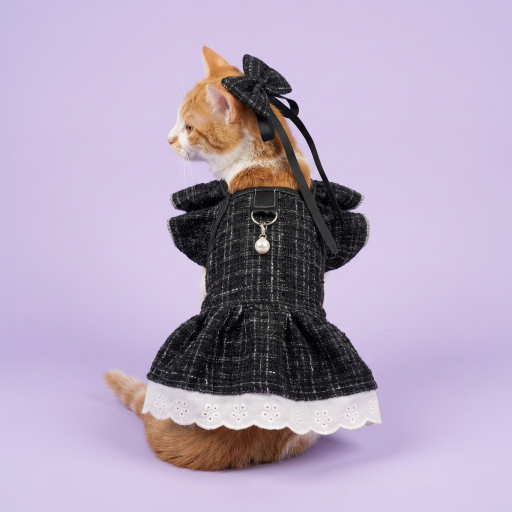 Orange-and-white cat with a head-tied bow