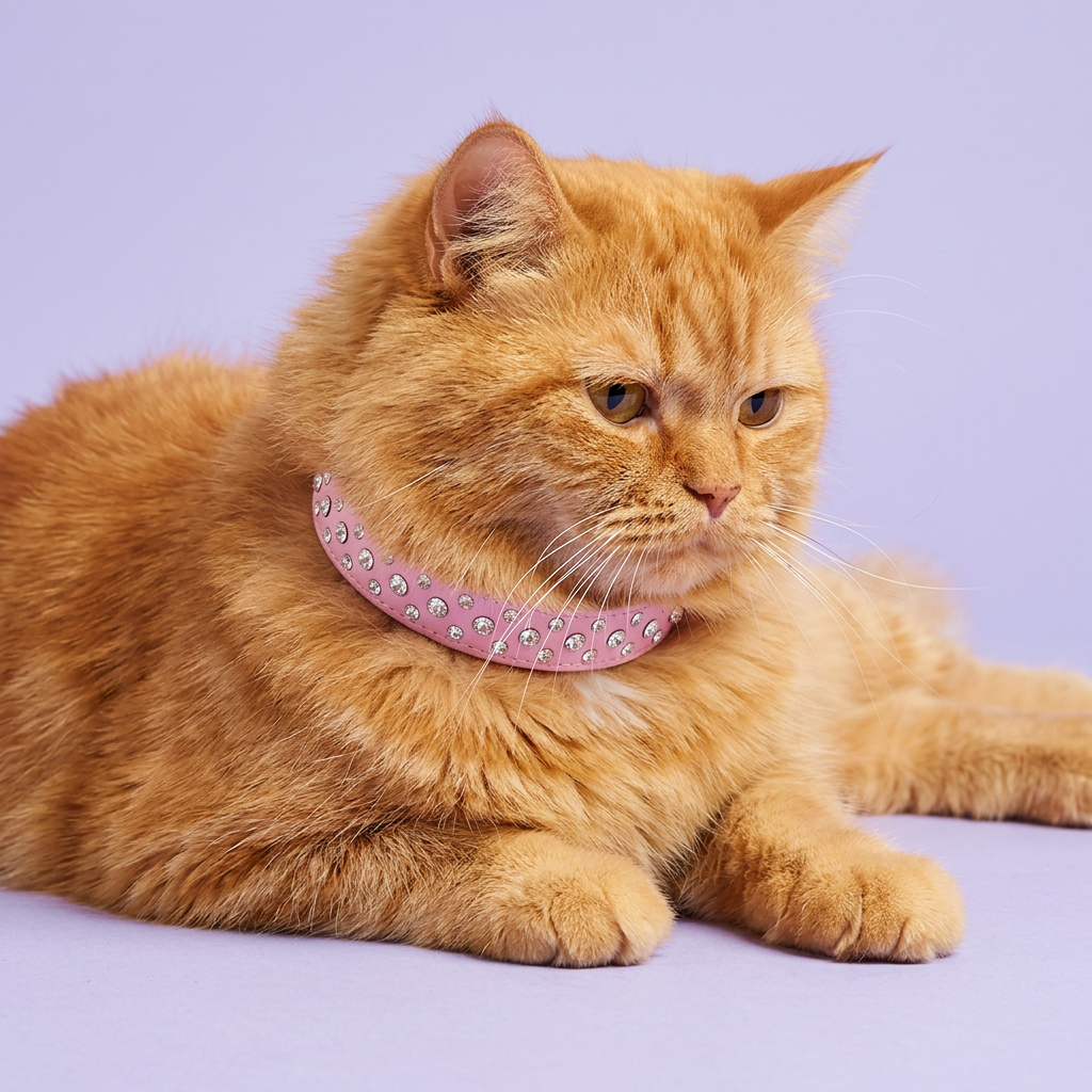Orange Persian cat lounging and looking down, wearing the pink rhinestone leather collar