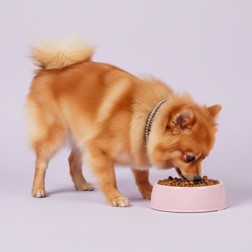 Pomeranian eating from blush pink pet bowl wearing silver rhinestone chain collar — luxury small dog bowl and collar