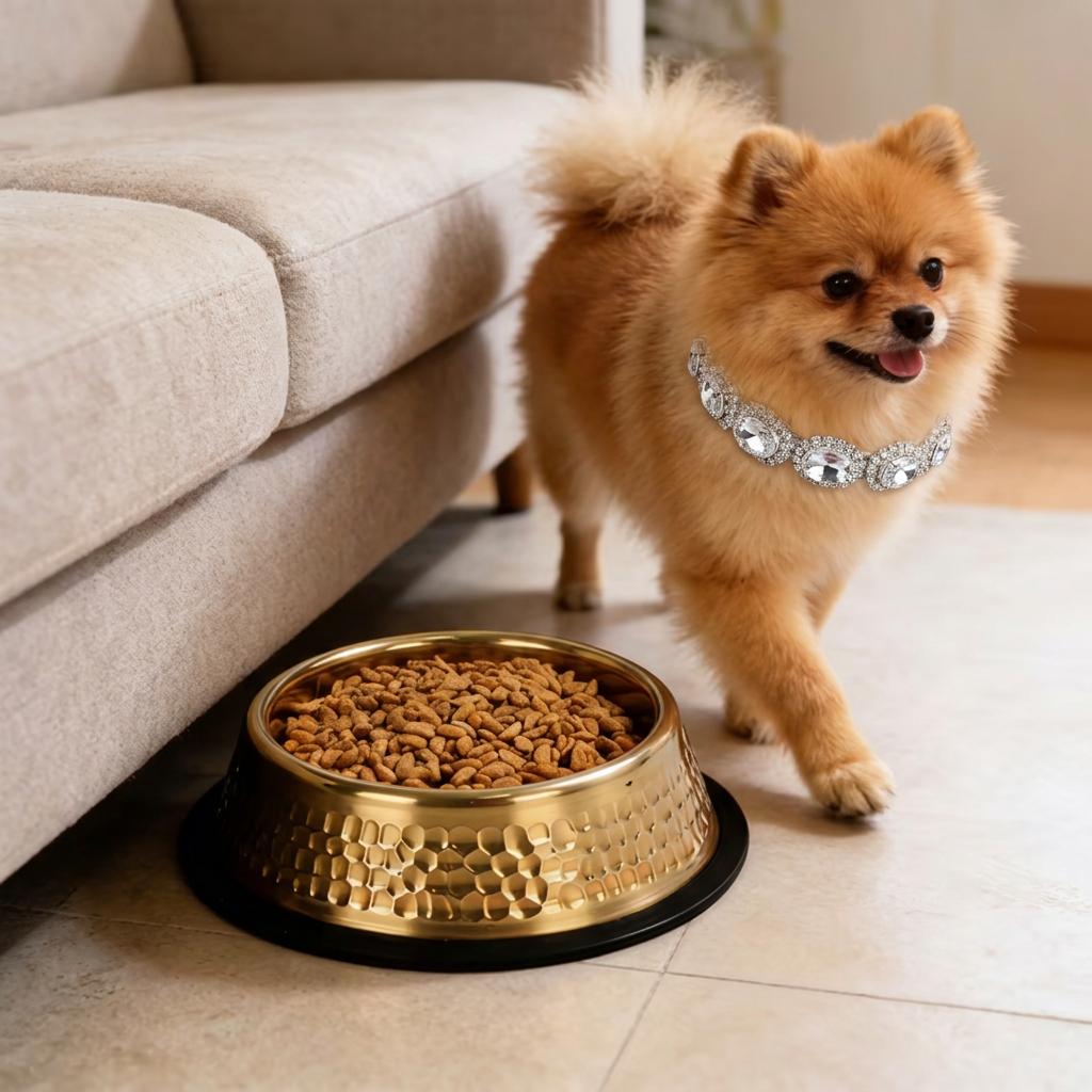 Orange Pomeranian walking past the gold hammered bowl, wearing the Diamond Diva crystal collar