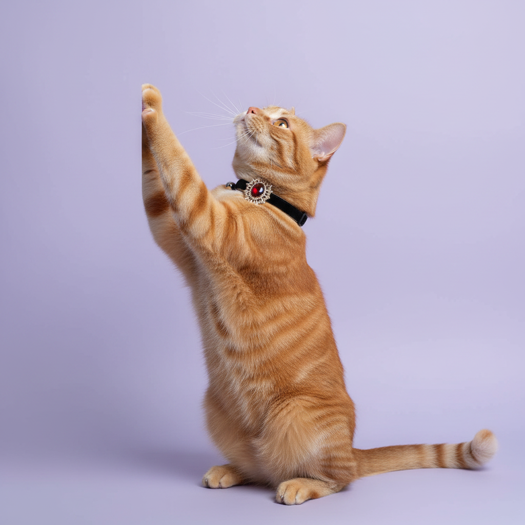 Orange tabby cat stretching upward with both paws raised wearing a black velvet breakaway cat collar with a ruby red oval crystal sunburst pendant