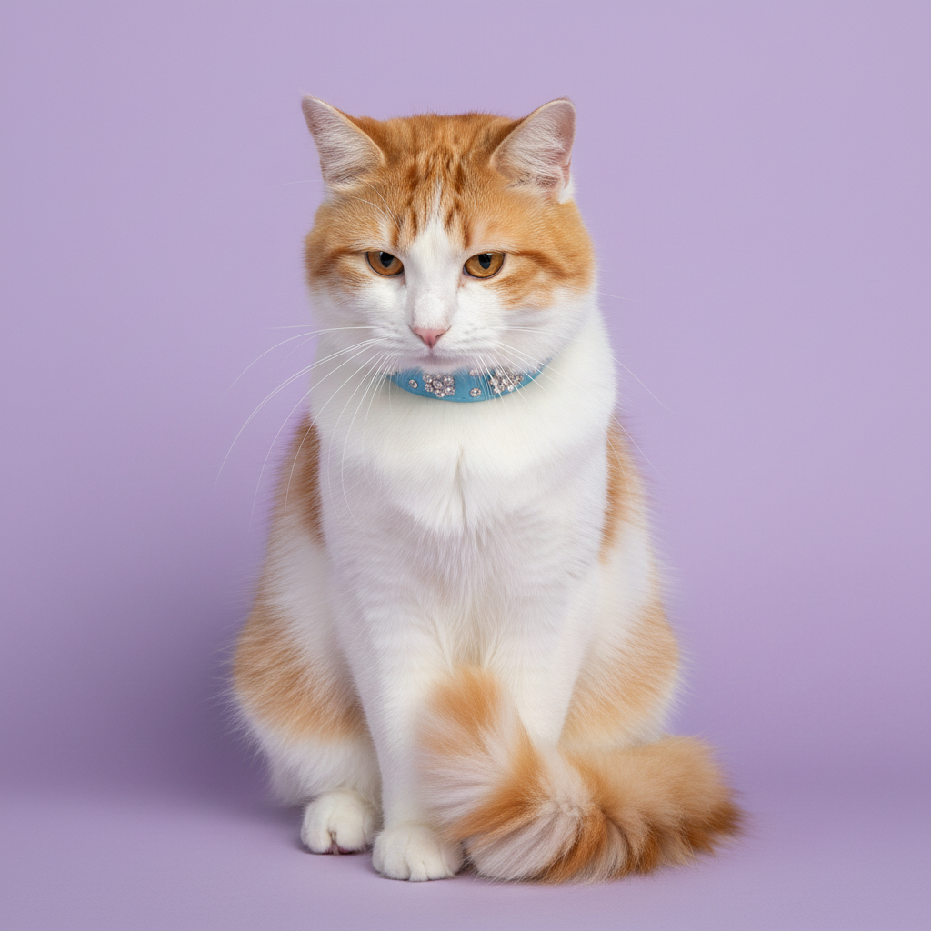 Orange tabby cat wearing a blue rhinestone collar against a soft lavender studio background.