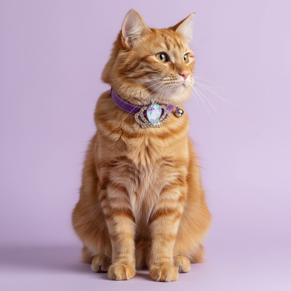 Orange tabby cat wearing purple velvet cat collar with gold crown and iridescent AB teardrop gem pendant — luxury cat collar
