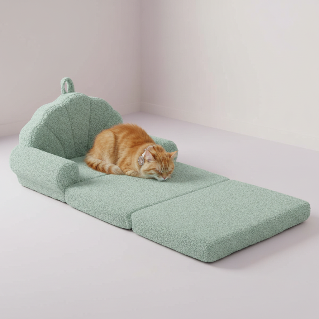 Orange tabby curled up on the larger laid-out chaise