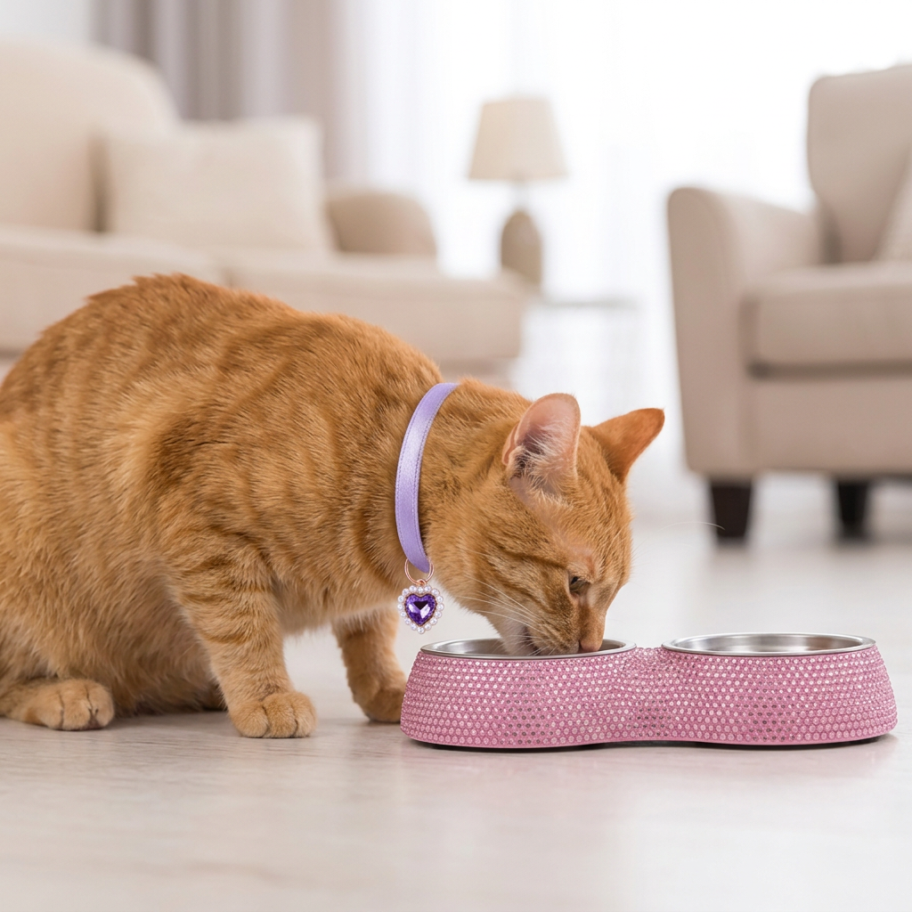Orange tabby eating from the pink rhinestone double diner, wearing the lavender heart-charm collar
