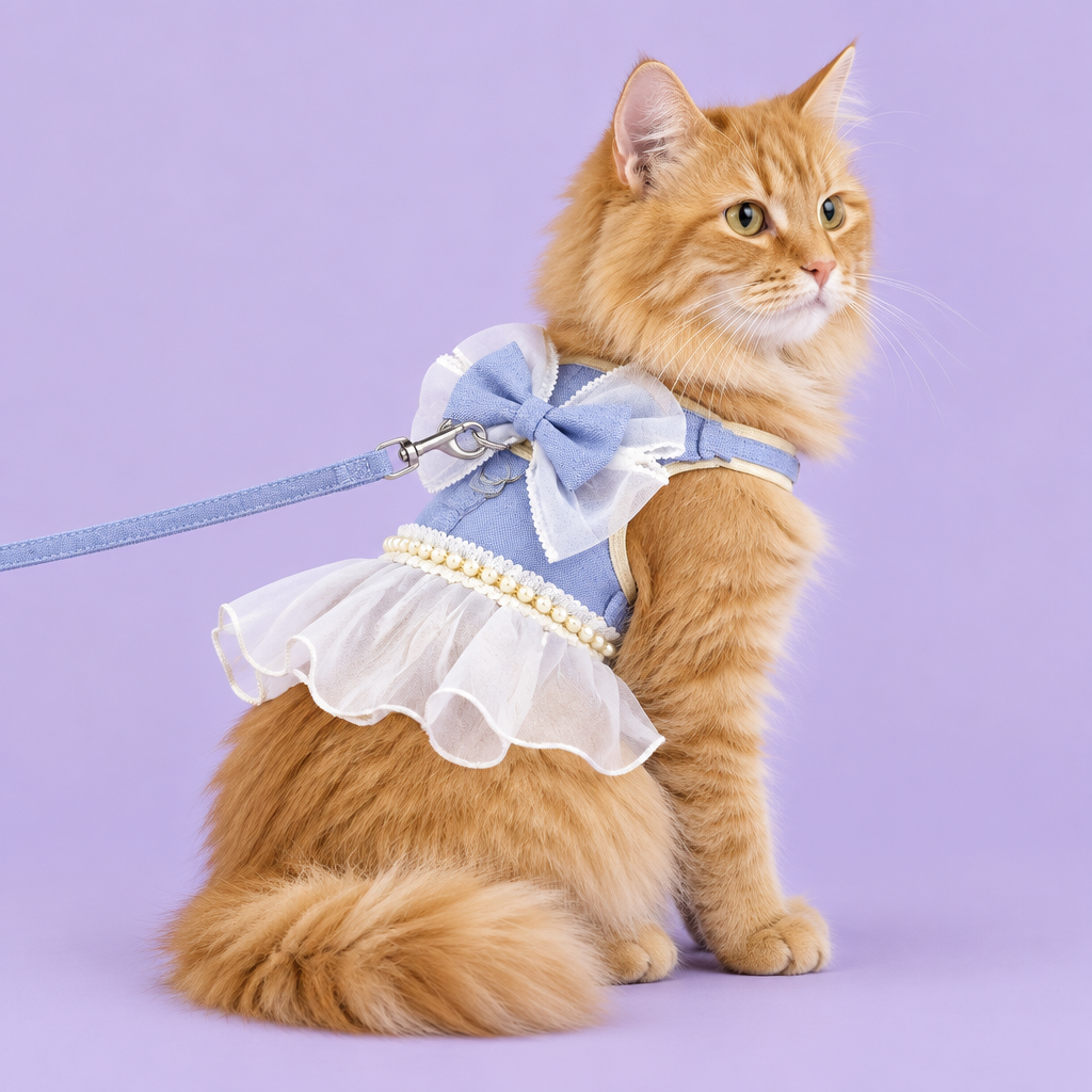 Orange tabby in blue ruffled harness on lavender