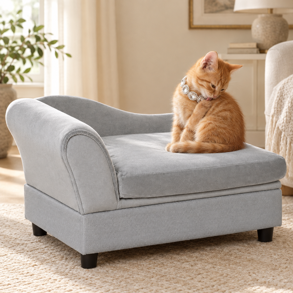 Orange tabby kitten on the silver couch wearing the clear gemstone collar