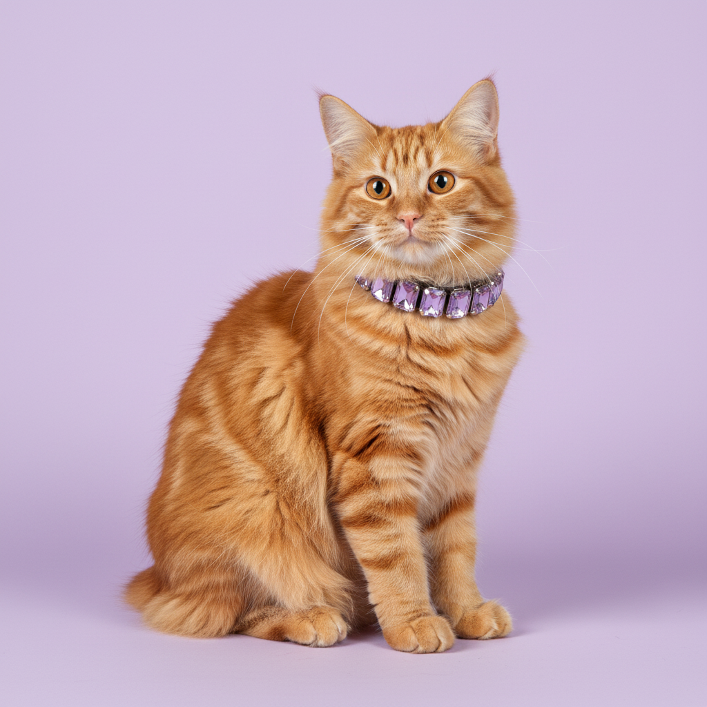 Orange tabby cat sitting and wearing a lavender crystal rhinestone collar against a soft lavender studio background.