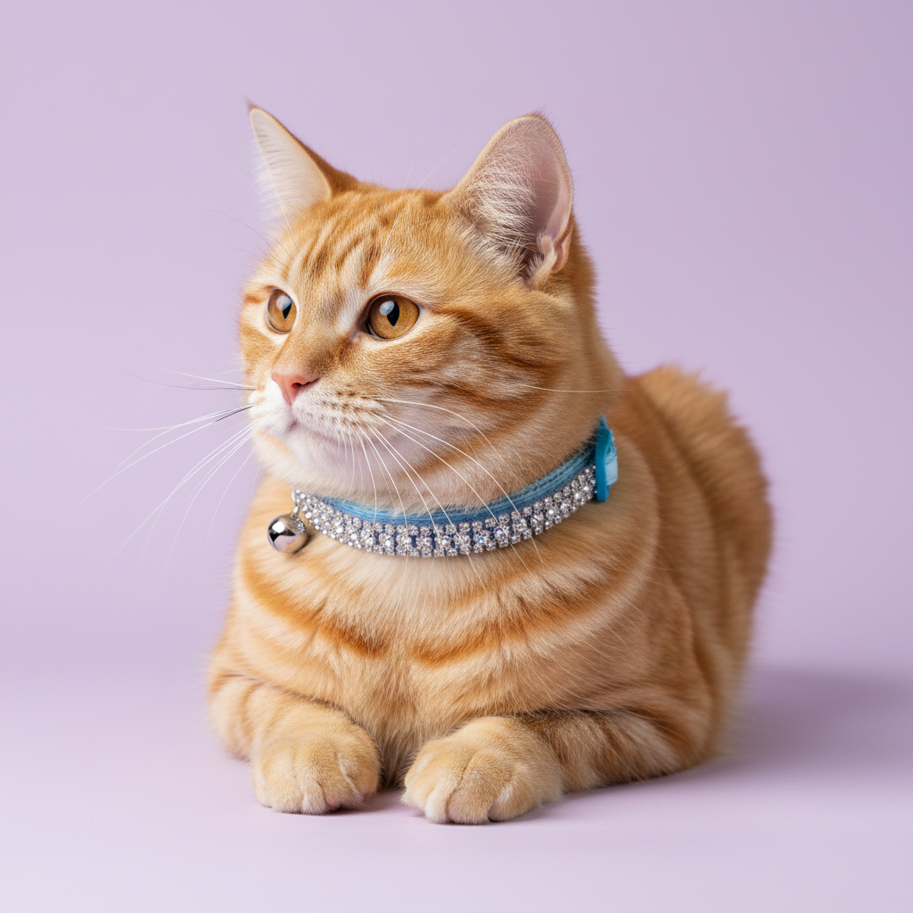 Amber-eyed orange tabby cat in loaf position gazing to the side wearing a blue velvet double-row crystal rhinestone collar with silver bell, luxury rhinestone cat collar for orange cats on lavender background