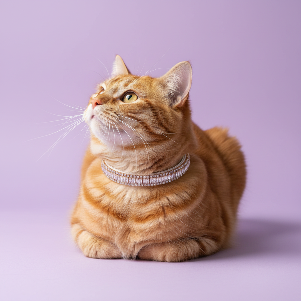 Pretty Posh Pets luxury rhinestone cat collar — a chunky orange tabby cat in a loaf pose wearing a white leather collar with emerald-cut clear crystal baguette gemstones bordered by sparkling round rhinestones in rose gold, gazing upward against a soft lavender background.