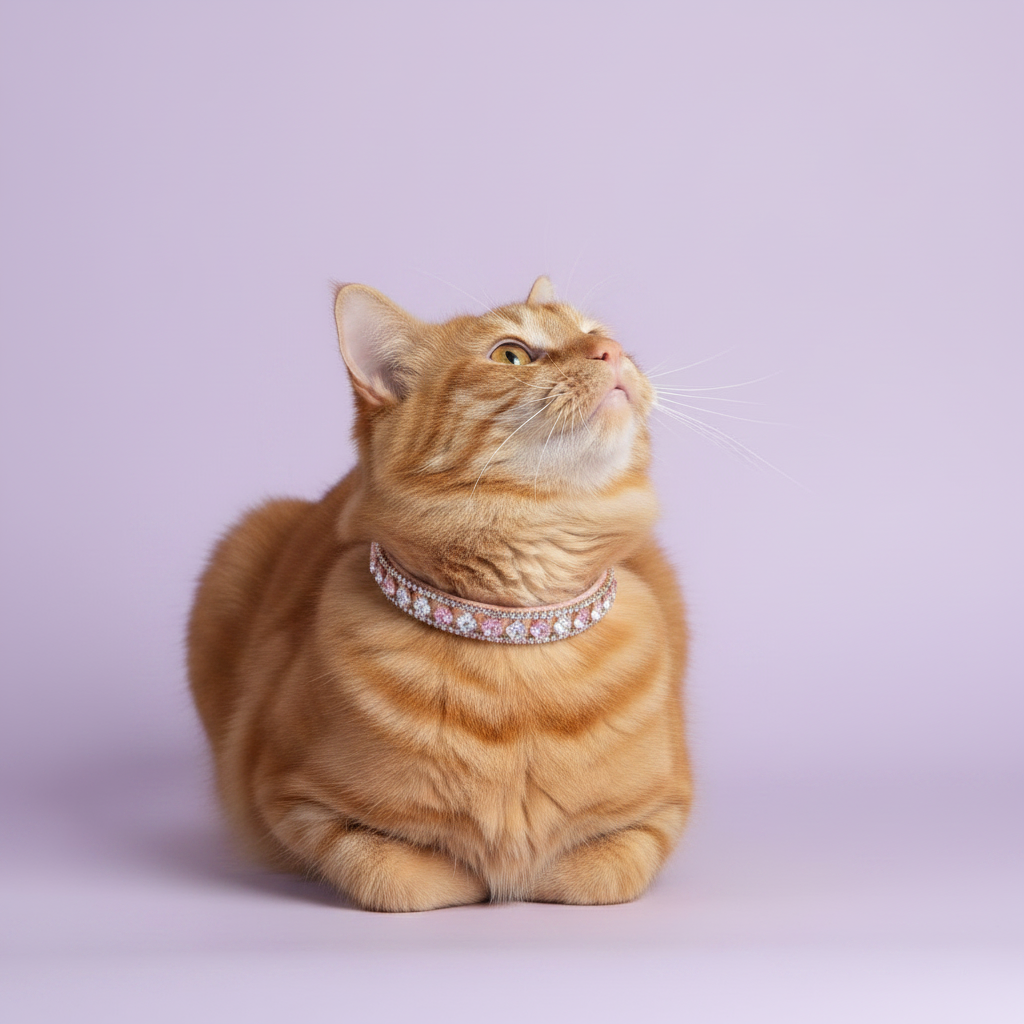 Pretty Posh Pets luxury rhinestone cat collar — a chunky orange tabby cat in a loaf pose wearing a pink leather collar with alternating princess-cut pink and clear crystal gemstones set in rose gold, gazing upward against a soft lavender background.