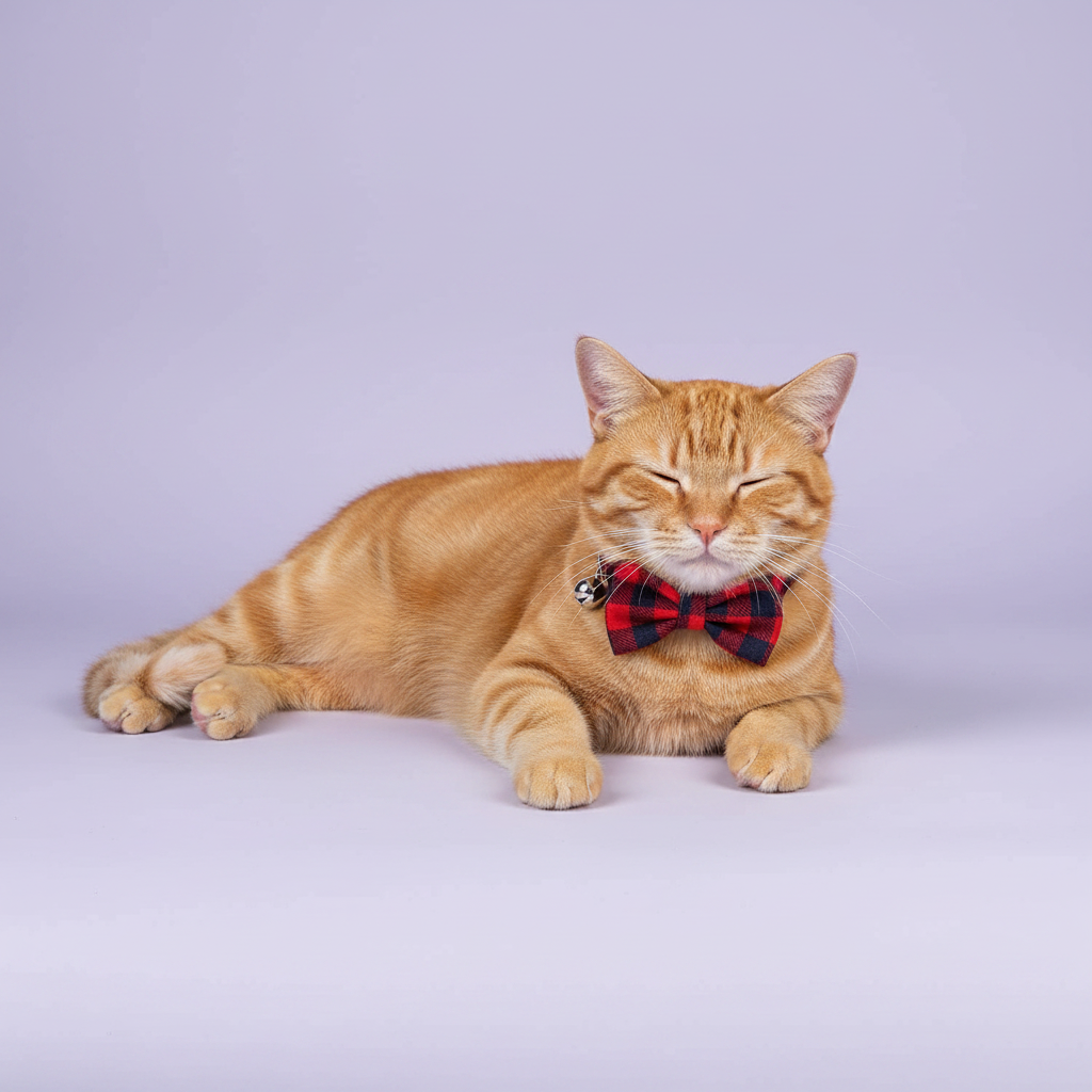 Orange tabby cat lounging with eyes closed wearing a red plaid bow tie breakaway cat collar with a silver bell