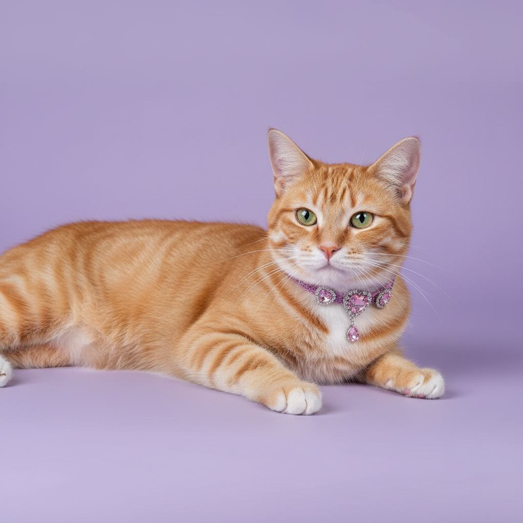 Amber-eyed orange tabby cat lying down with head raised and gazing upward in three-quarter view wearing a blue velvet triple-row black and clear crystal rhinestone collar, luxury rhinestone cat collar on lavender background