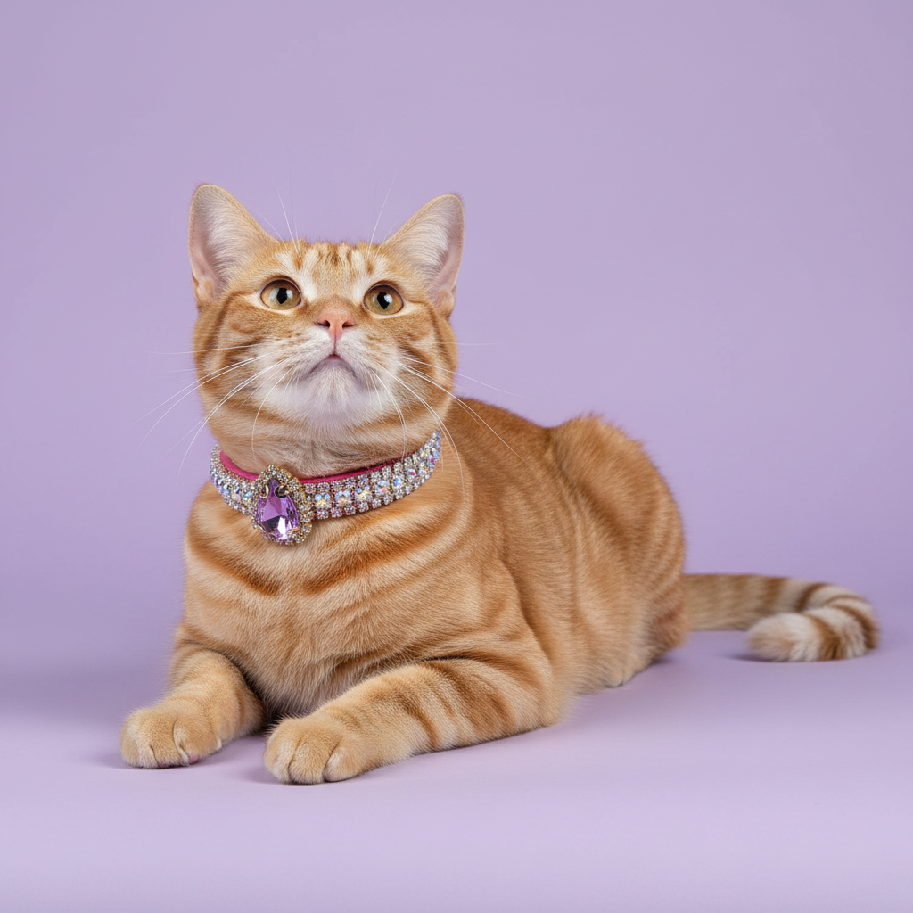 Amber-eyed orange tabby cat lying down with head raised and gazing upward wearing a pink AB iridescent rhinestone collar with oval purple amethyst crystal pendant, luxury gemstone cat collar for orange cats on lavender background