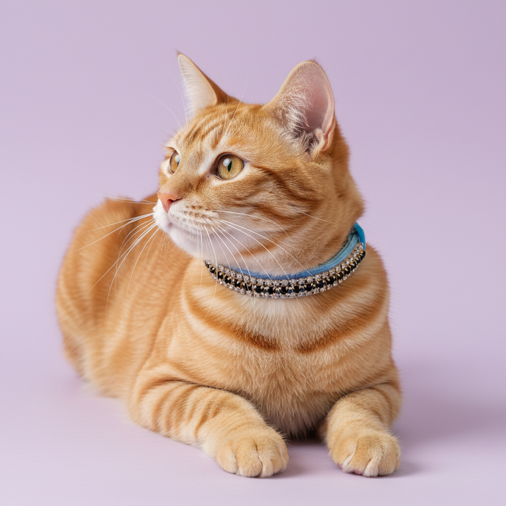 Amber-eyed orange tabby cat lying down with head raised and gazing upward in three-quarter view wearing a blue velvet triple-row black and clear crystal rhinestone collar, luxury rhinestone cat collar on lavender background