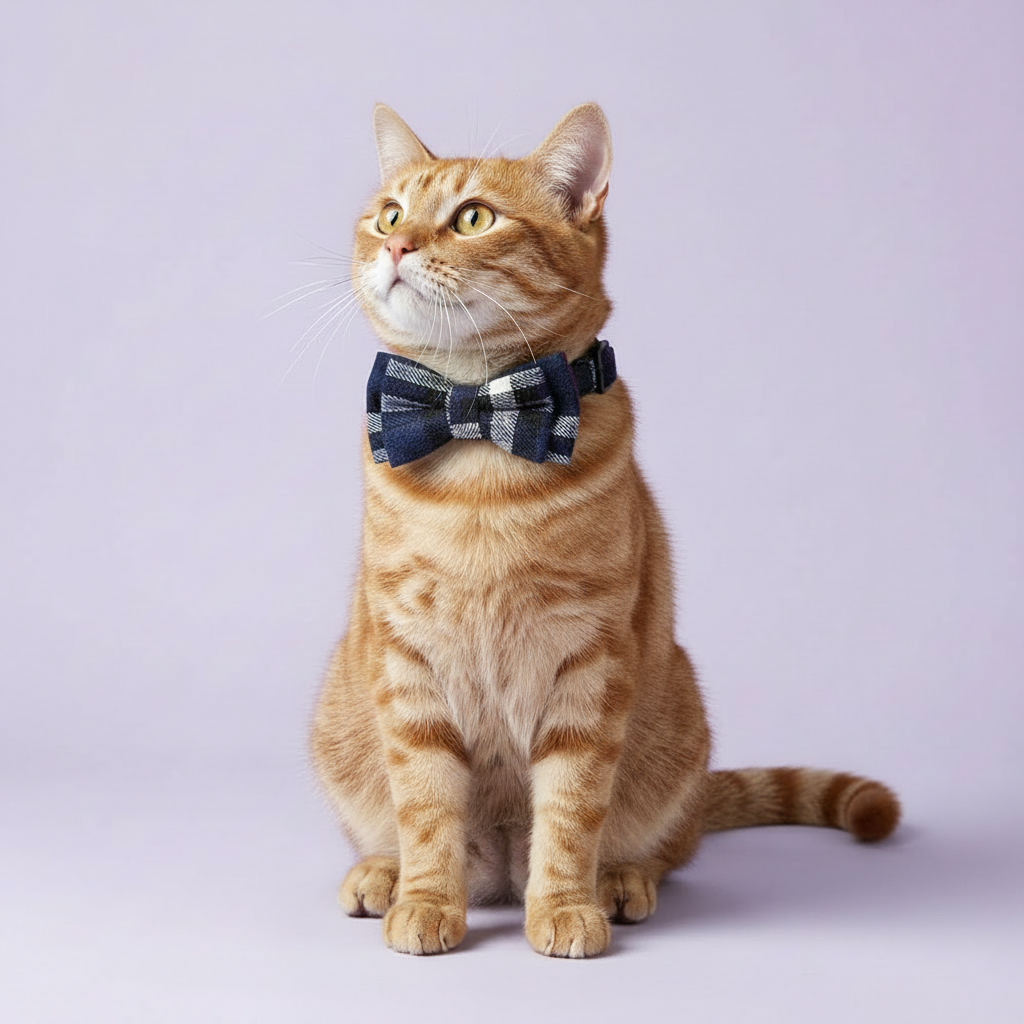 Orange tabby cat sitting upright with an upward gaze wearing a navy blue plaid bow tie breakaway cat collar