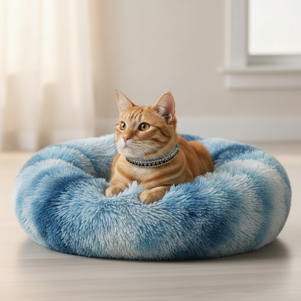 Orange tabby cat wearing a silver crystal rhinestone collar sitting in a round blue and white tie-dye shaggy faux fur donut calming pet bed in a bright modern living room