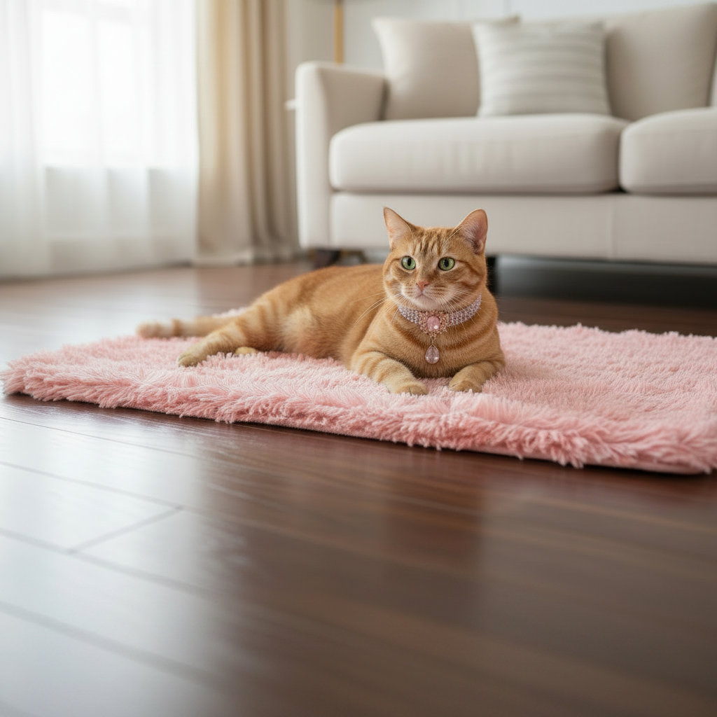 Orange Tabby on Pink Shag Mat Square