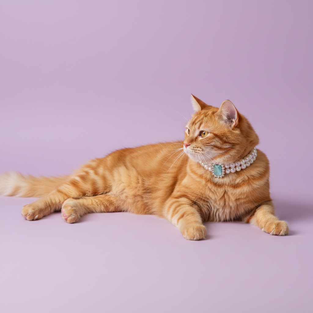 Orange tabby cat reclining and wearing a double pearl collar with a teal gemstone pendant against a lavender background