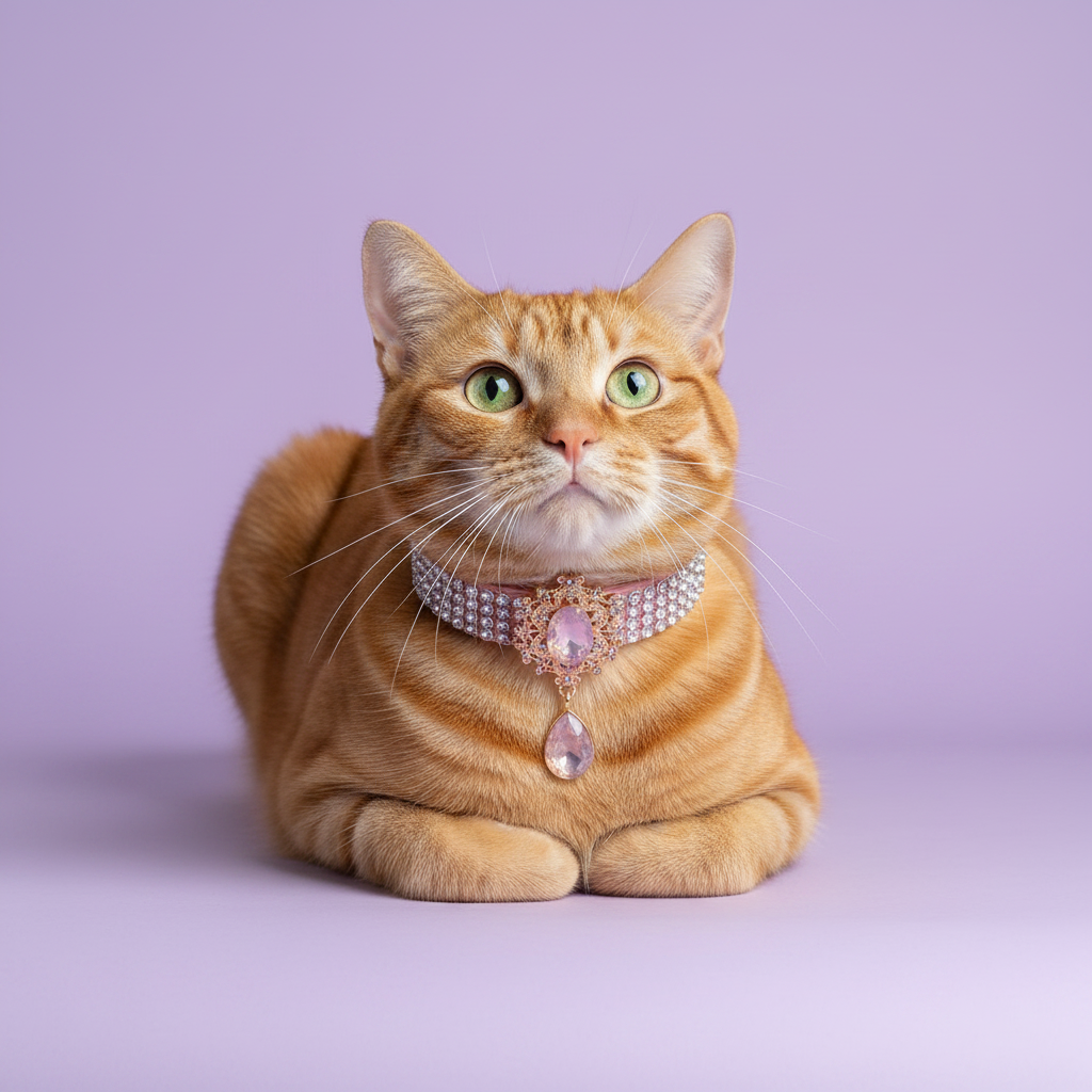 Green-eyed orange tabby cat in loaf position with front paws tucked and gazing upward wearing a pink rhinestone collar with an ornate gold Victorian centerpiece featuring an oval blush rose quartz crystal and a dangling teardrop pink crystal pendant, luxury Victorian crystal cat collar on solid lavender background