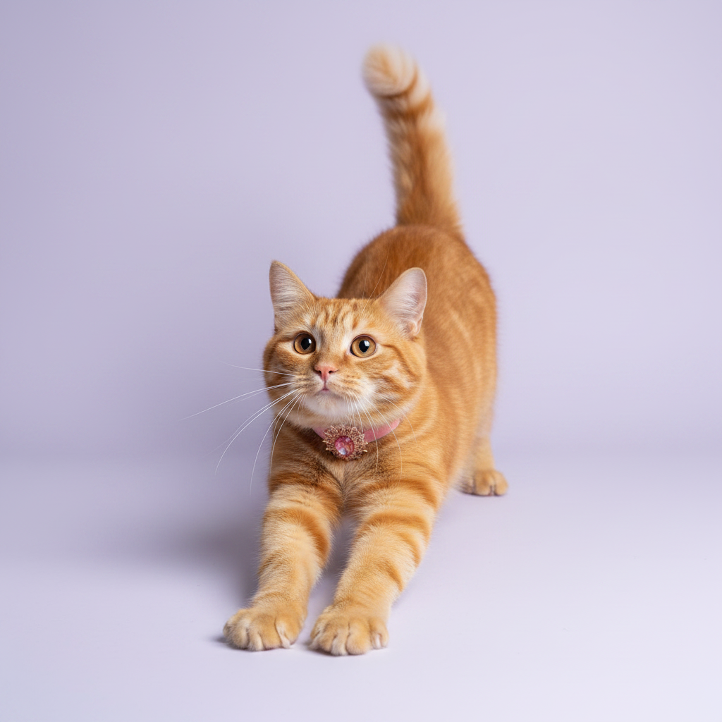 Orange tabby cat in a playful forward stretch with tail raised wearing a light pink velvet breakaway cat collar with a pink oval crystal sunburst pendant