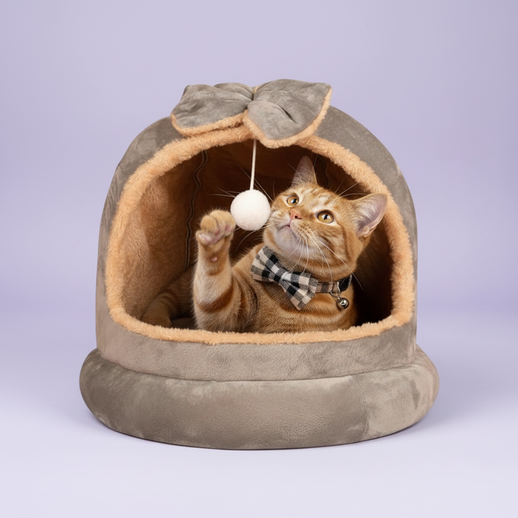 Orange tabby cat wearing a plaid bow tie collar playfully batting at the hanging white pom pom ball inside a grey suede plush dome cat bed with bow on top, soft lavender studio backdrop, luxury editorial lifestyle pet photography
