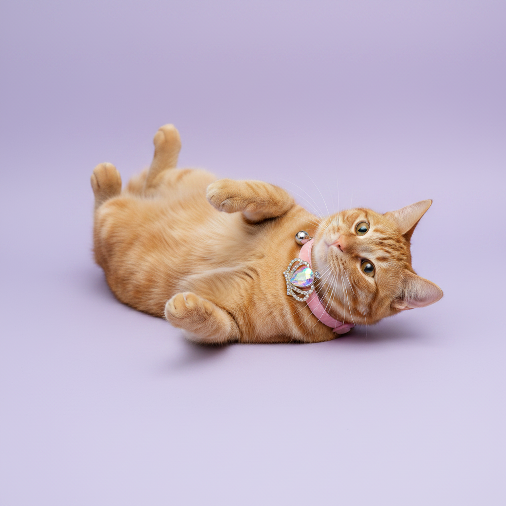Orange tabby cat rolling playfully on its back wearing a light pink velvet breakaway cat collar with a silver crown and iridescent aurora crystal pendant