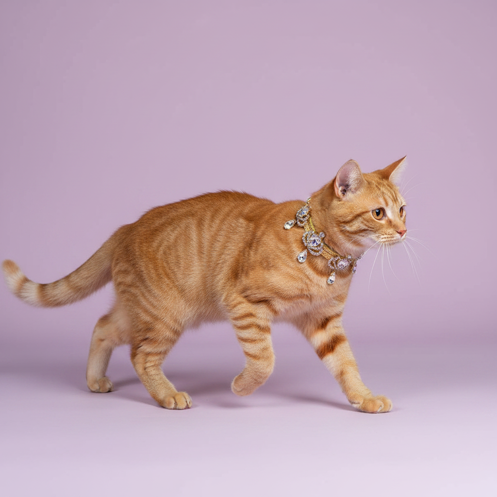 Orange tabby cat trotting in profile wearing a gold crystal teardrop pendant rhinestone cat collar