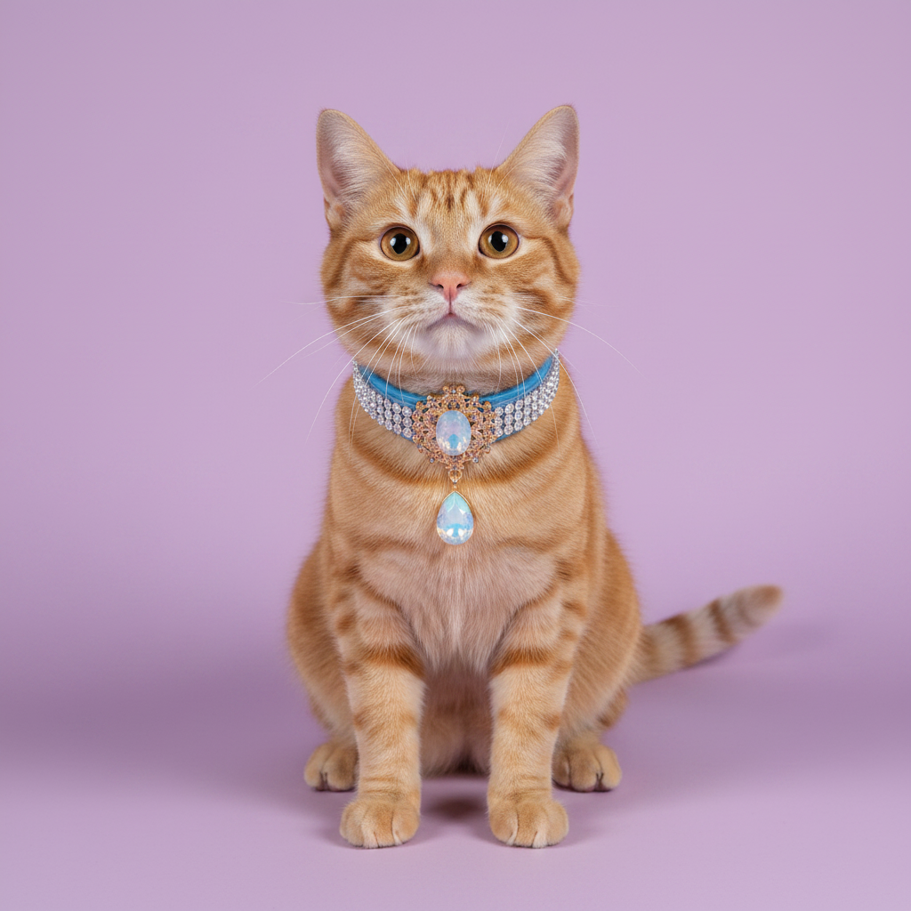 Amber-eyed orange tabby cat sitting tall and facing camera wearing a light blue rhinestone collar with an ornate gold Victorian centerpiece featuring an oval iridescent opal crystal and a dangling teardrop opal pendant, luxury Victorian opal crystal cat collar on solid lavender background
