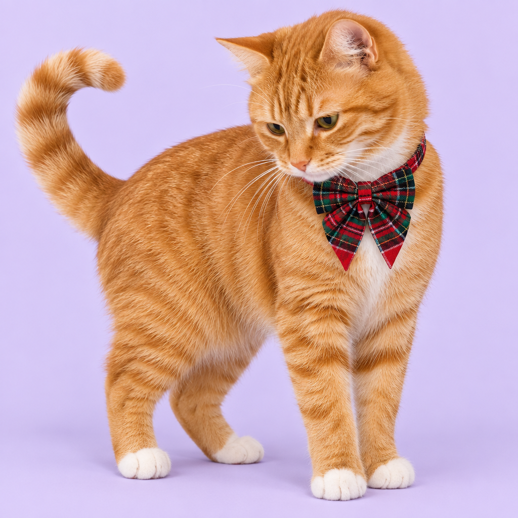 Orange tabby with smaller red tartan bow