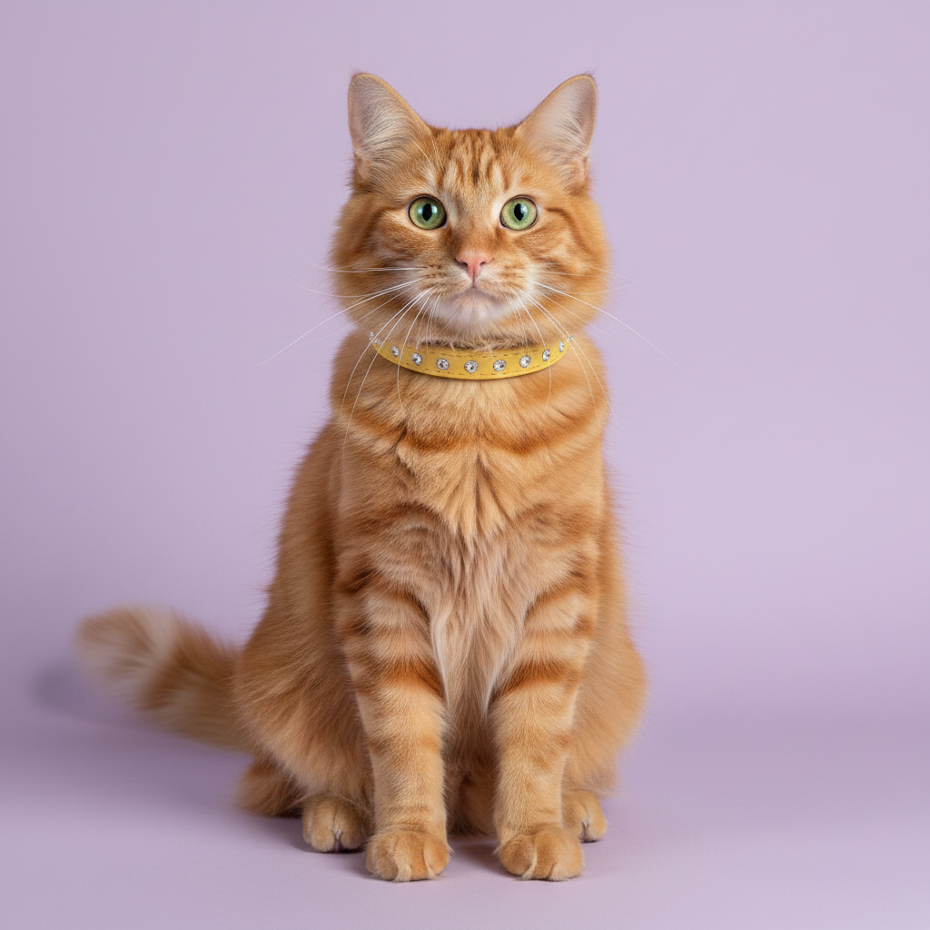 Orange tabby cat wearing a yellow rhinestone crystal leather cat collar, full body studio portrait on lavender background