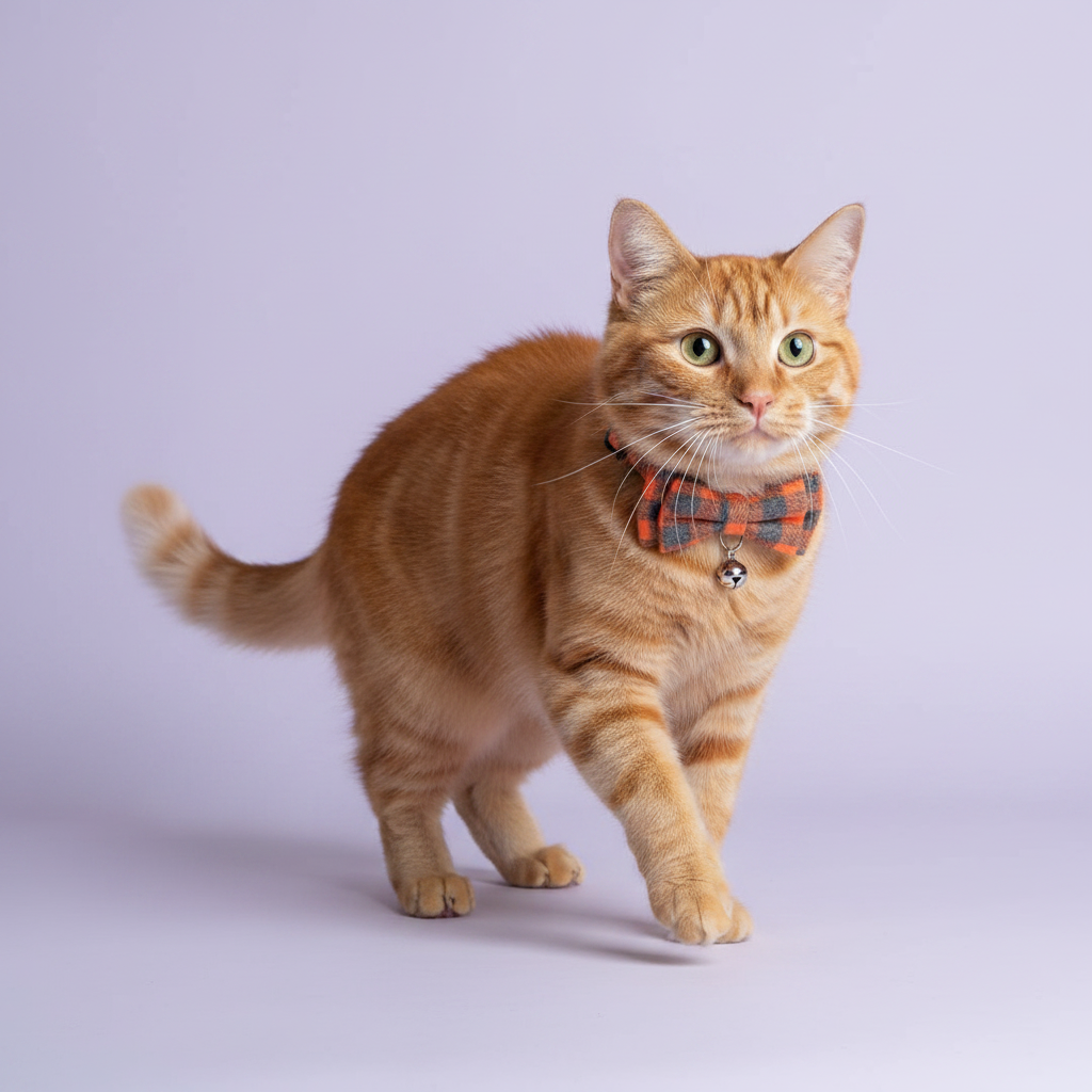Orange tabby cat mid-stride in a three-quarter view looking toward the camera wearing an orange and grey plaid bow tie breakaway cat collar with a silver bell