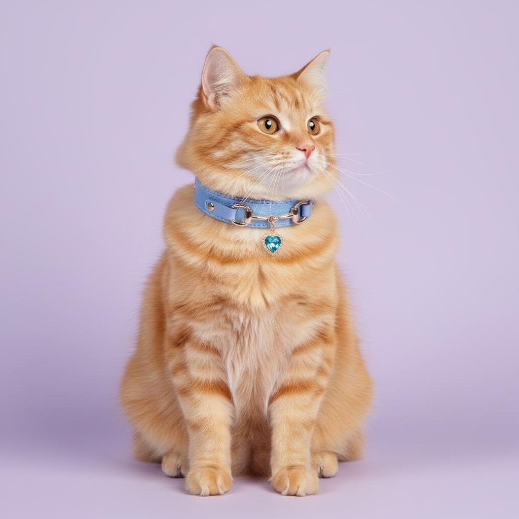 Orange tabby cat seated upright wearing a light blue leather pet collar with silver snaffle-bit hardware and a blue crystal heart charm pendant, on a soft lavender background