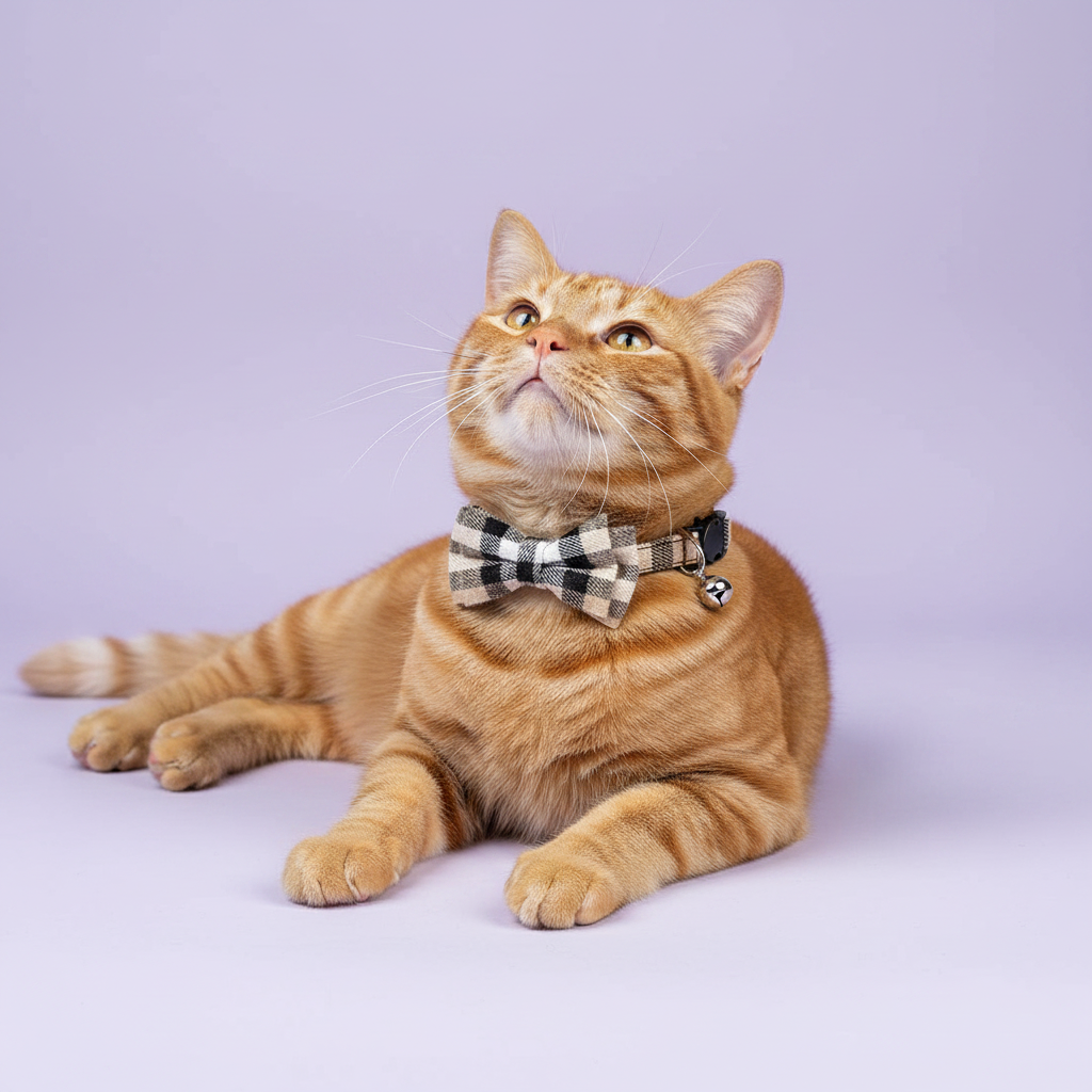 Orange tabby cat lounging with paws stretched forward and gazing upward wearing a cream and black plaid bow tie breakaway cat collar with a silver bell