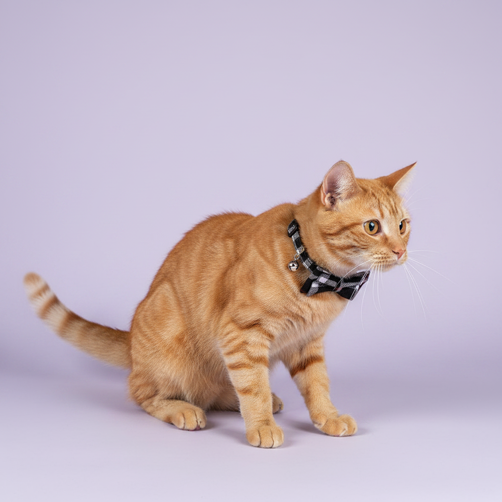 Orange tabby cat mid-stride in a three-quarter side profile wearing a grey and black plaid bow tie breakaway cat collar with a silver bell