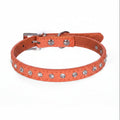 Orange leather cat and dog collar with single row clear rhinestone crystals and silver buckle, angled side view luxury bling pet collar product photo on white background