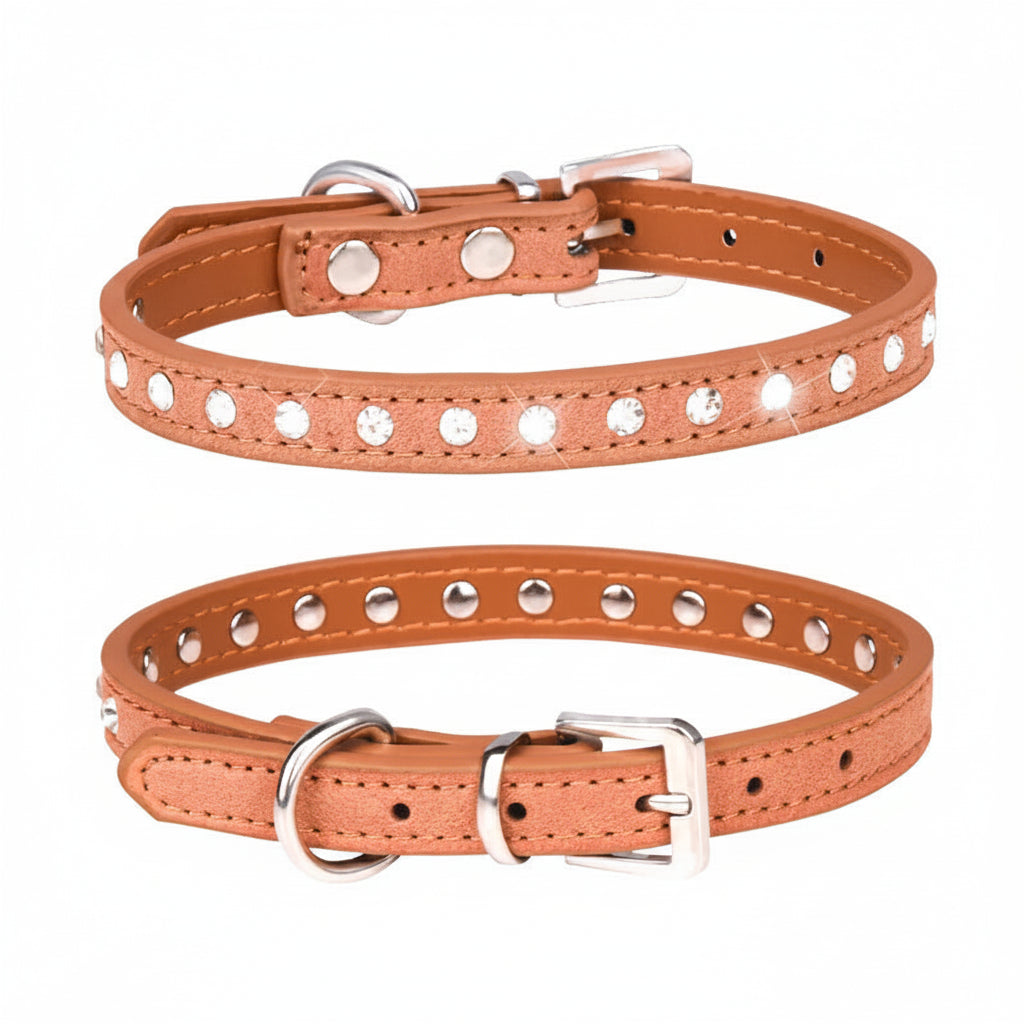 Tan orange leather cat and dog collar with single row clear rhinestone crystals and silver buckle, luxury bling pet collar product photo on white background