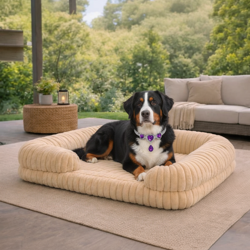 Bernese Mountain Dog wearing a purple amethyst heart gemstone collar resting in a beige chunky corduroy pet bed on a covered outdoor patio with lush green garden views, a neutral sofa, and a rattan side table.
