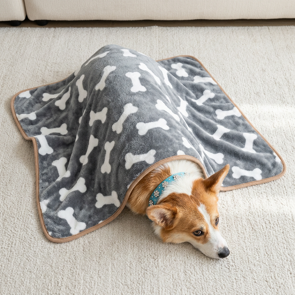 Overhead corgi under gray bone-print blanket