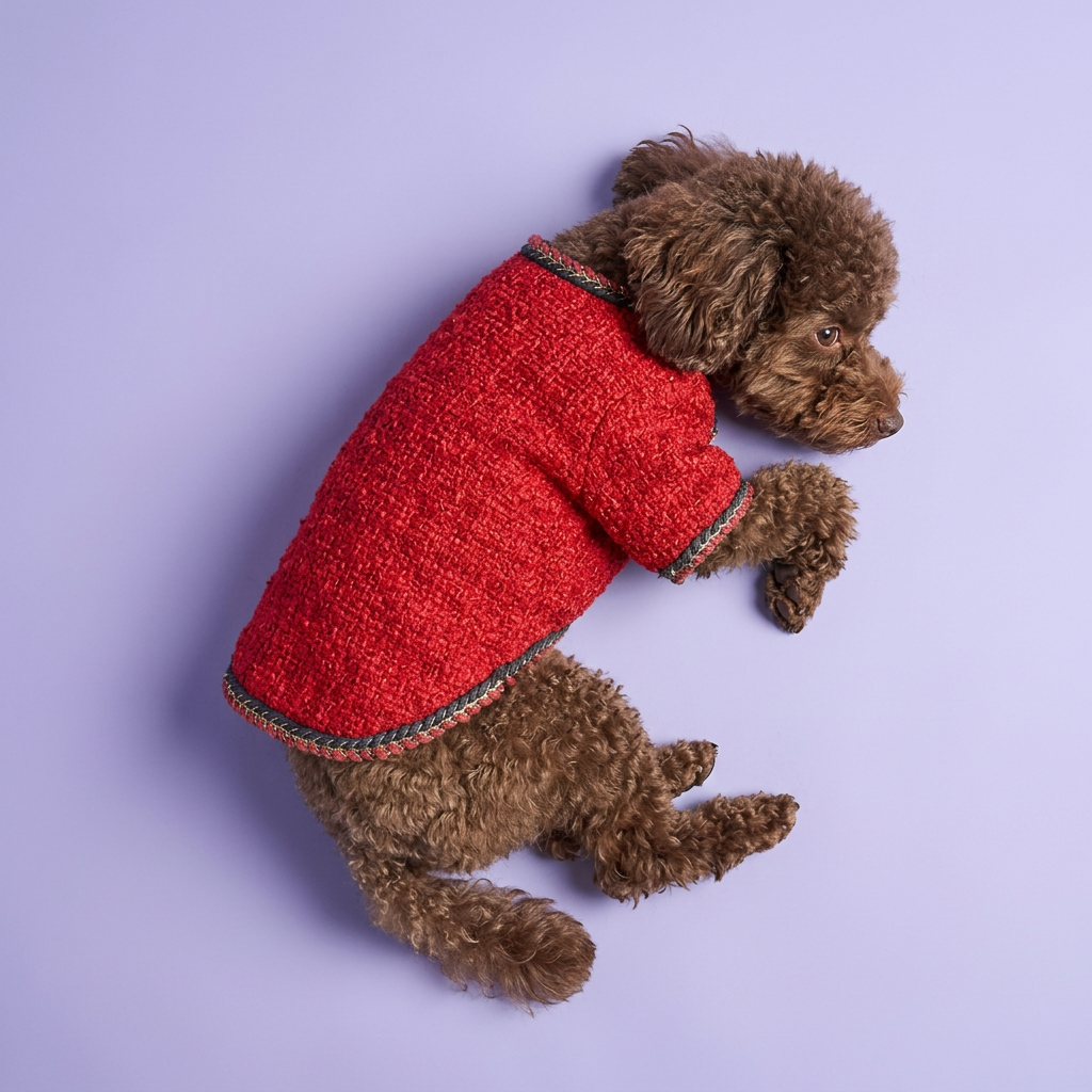 Overhead curled-up poodle in the red jacket