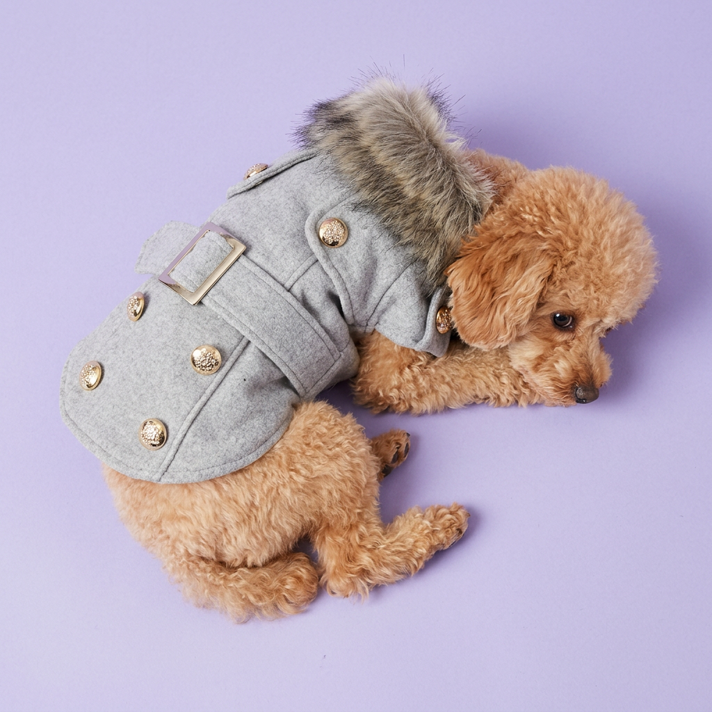 Overhead curled-up poodle wearing the grey jacket