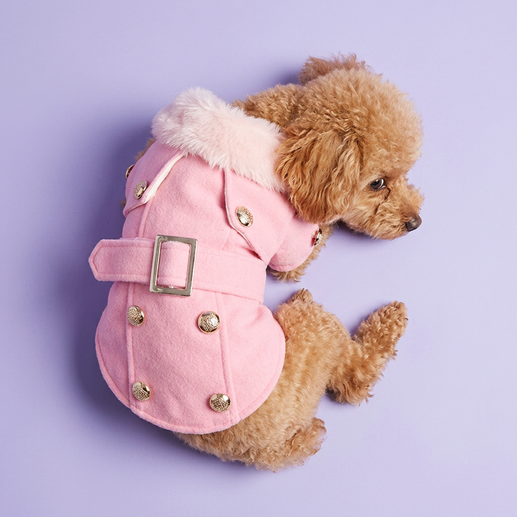 Overhead curled-up poodle wearing the pink jacket