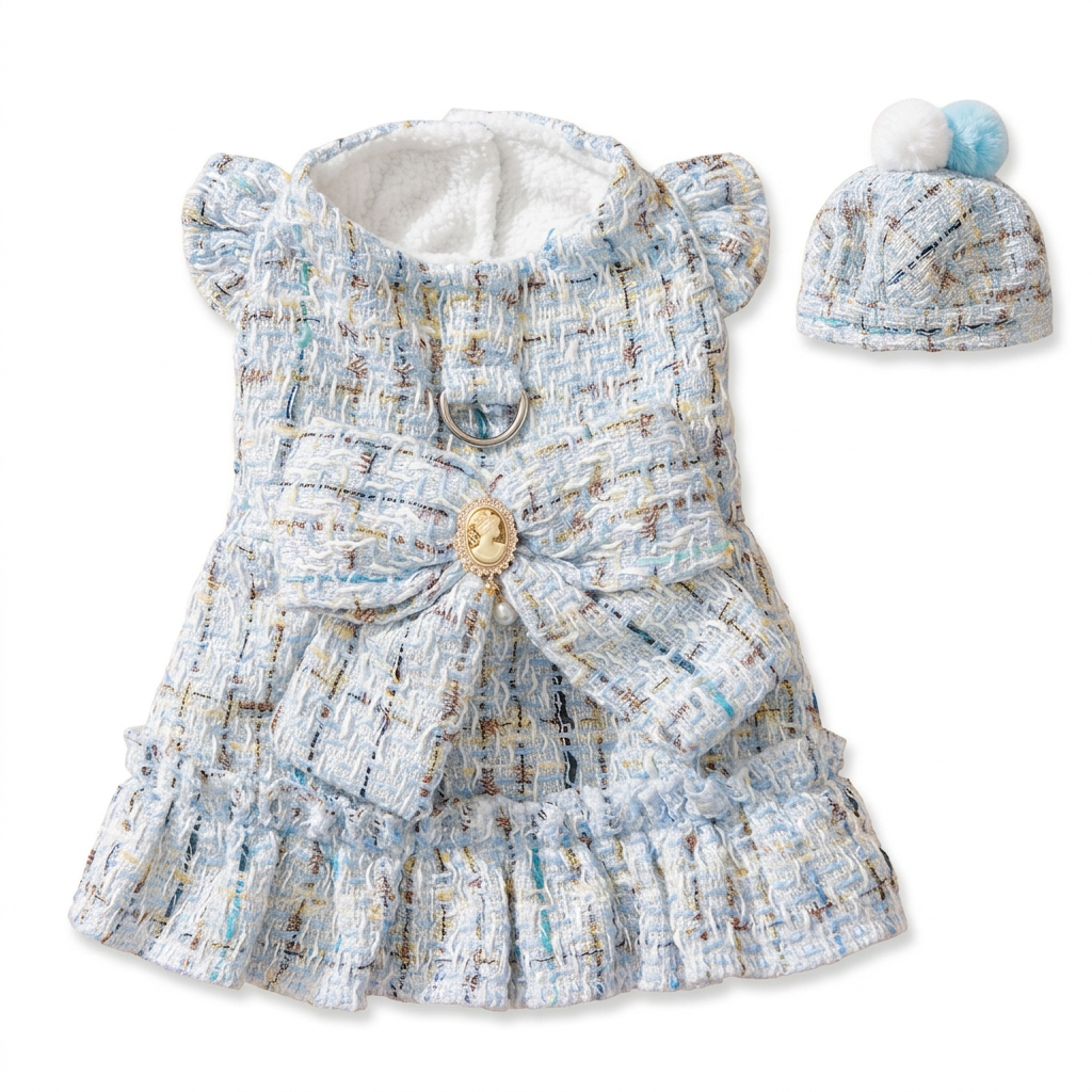 Pale blue tweed dress and matching hat on a white background, with the dress positioned straight upright